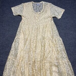 VTG Nostalgia Maxi Dress Ivory Cream Lace Button Front Boho CottageCore Sz Med